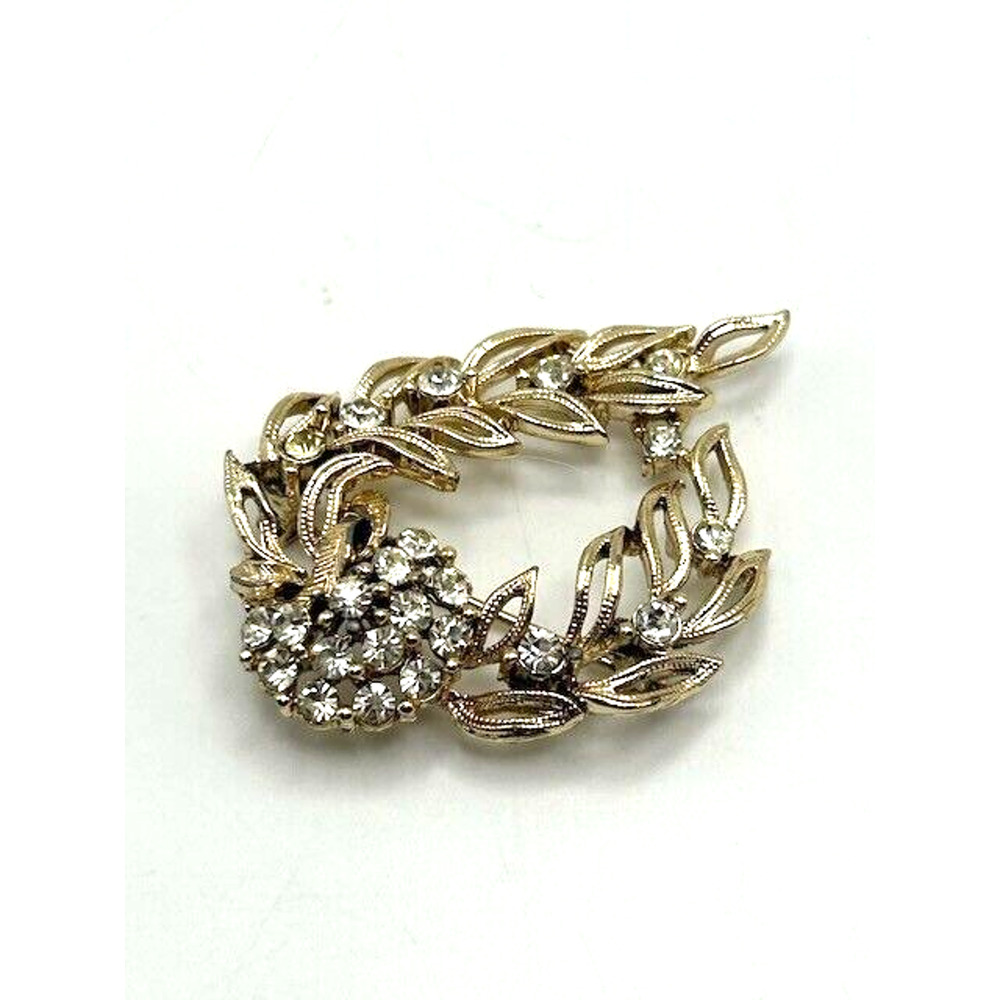 Vintage Lisner Gold Tone Rhinestones Leaf Wreath Brooch Pin‎
